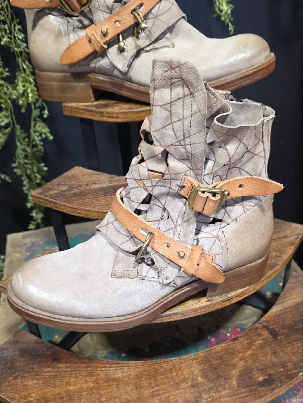 A.S.98 Taupe Ankle Boots with Tan Buckle Straps
